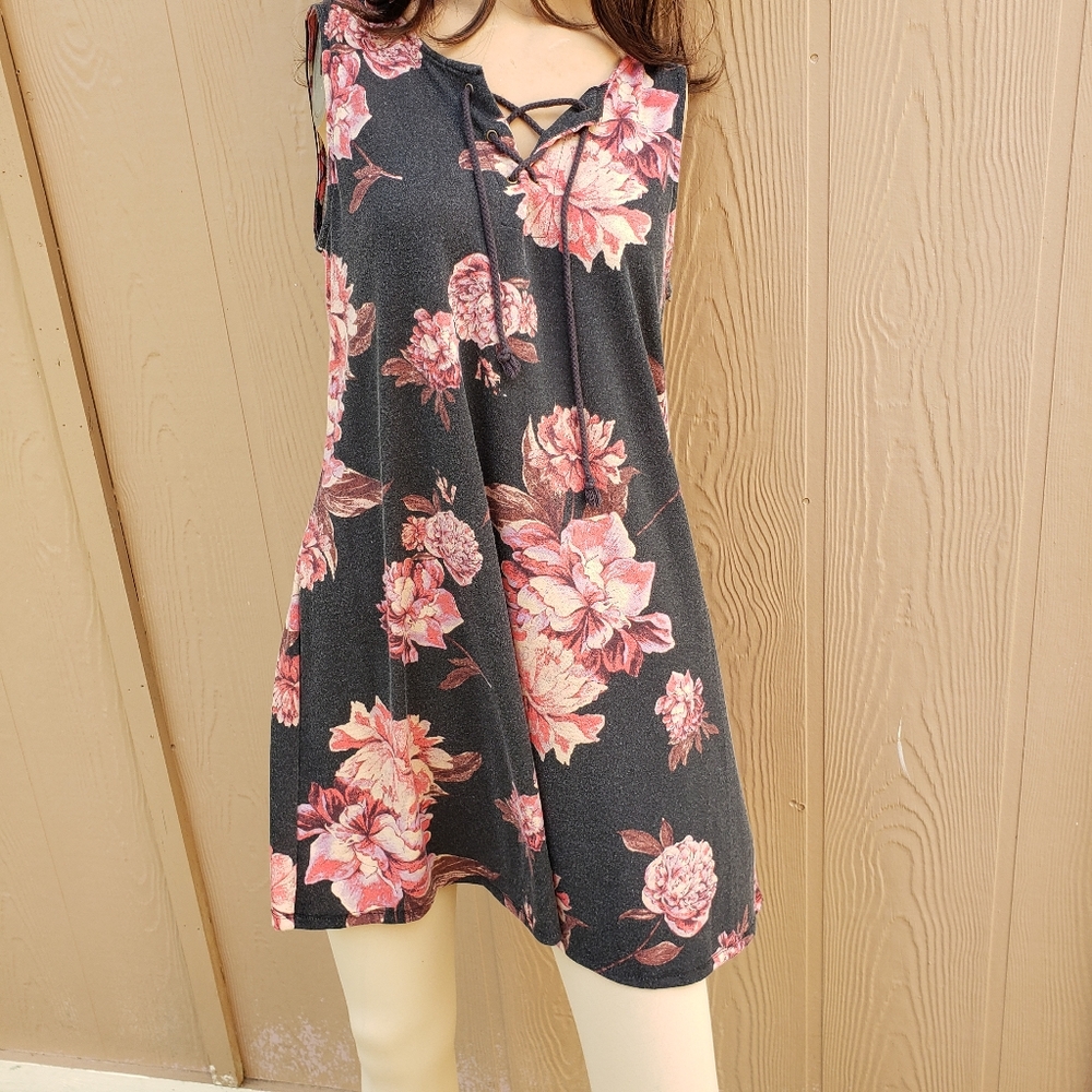 Black floral mini dress, size Large